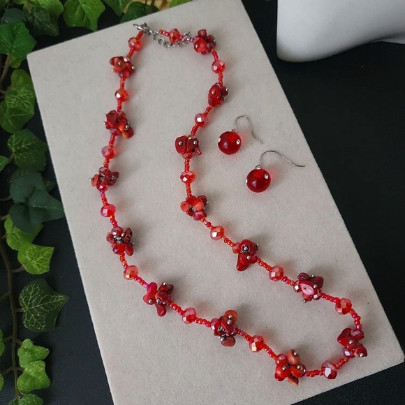 Red Glass Bead Necklace with Earrings Set - Picture 1 of 6